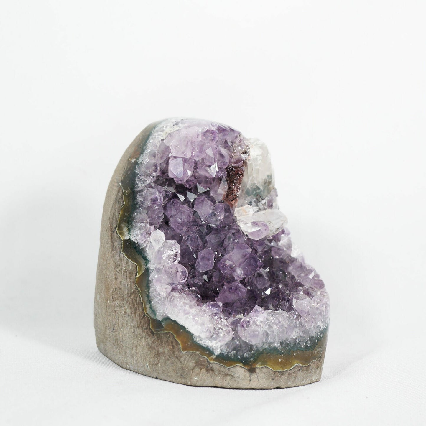 Exquisite amethyst base cluster with calcite and two generational drazy sugar side 2