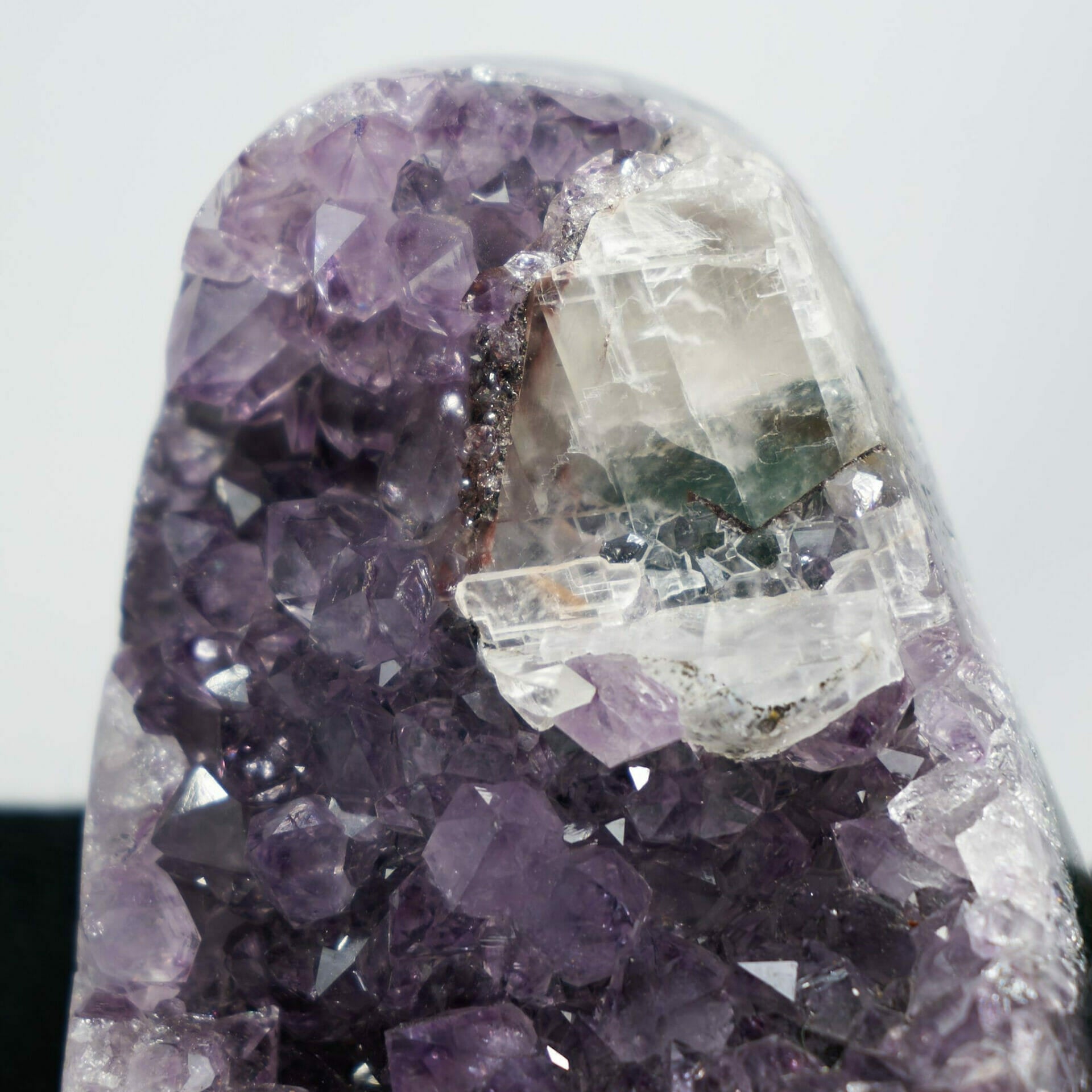Exquisite amethyst base cluster with calcite and two generational drazy sugar large