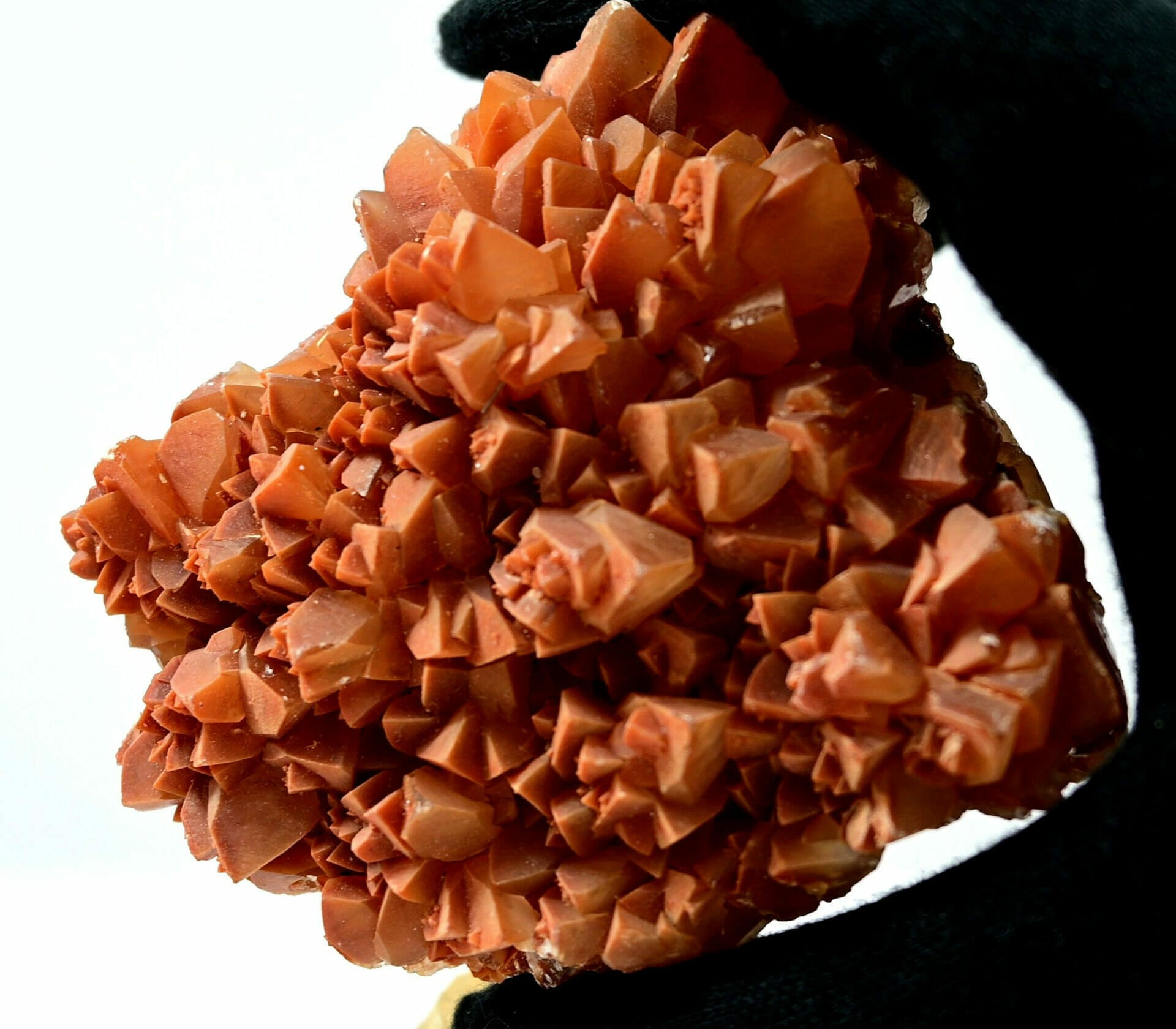Amazing Orange Calcite cluster with lots of triangle crystals front
