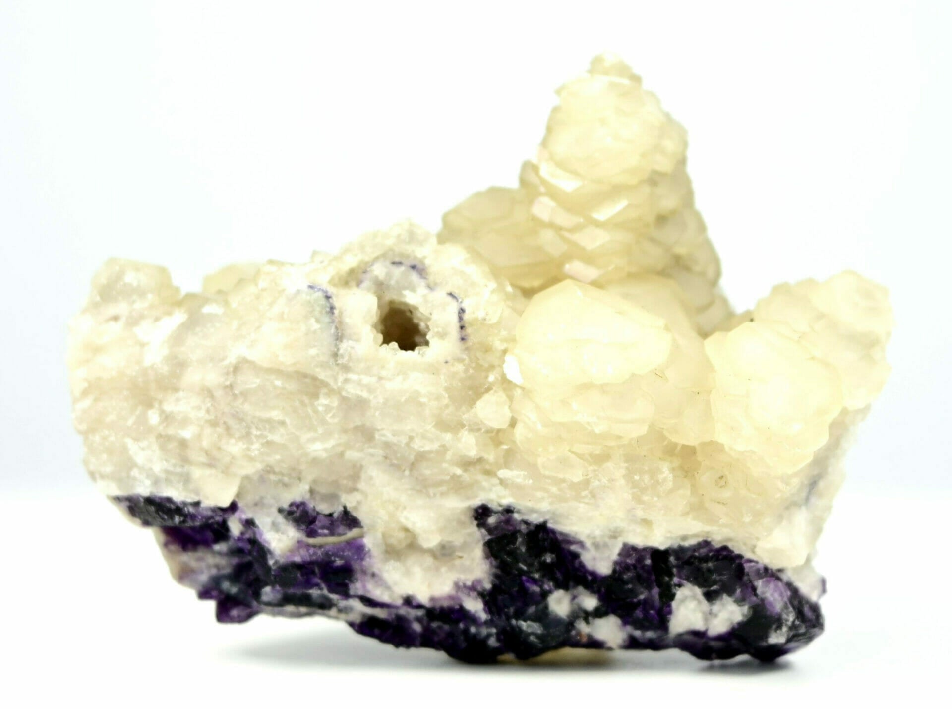 Multiple layers hexagonal shadow sketch Calcite with purple and blue fluorite base front