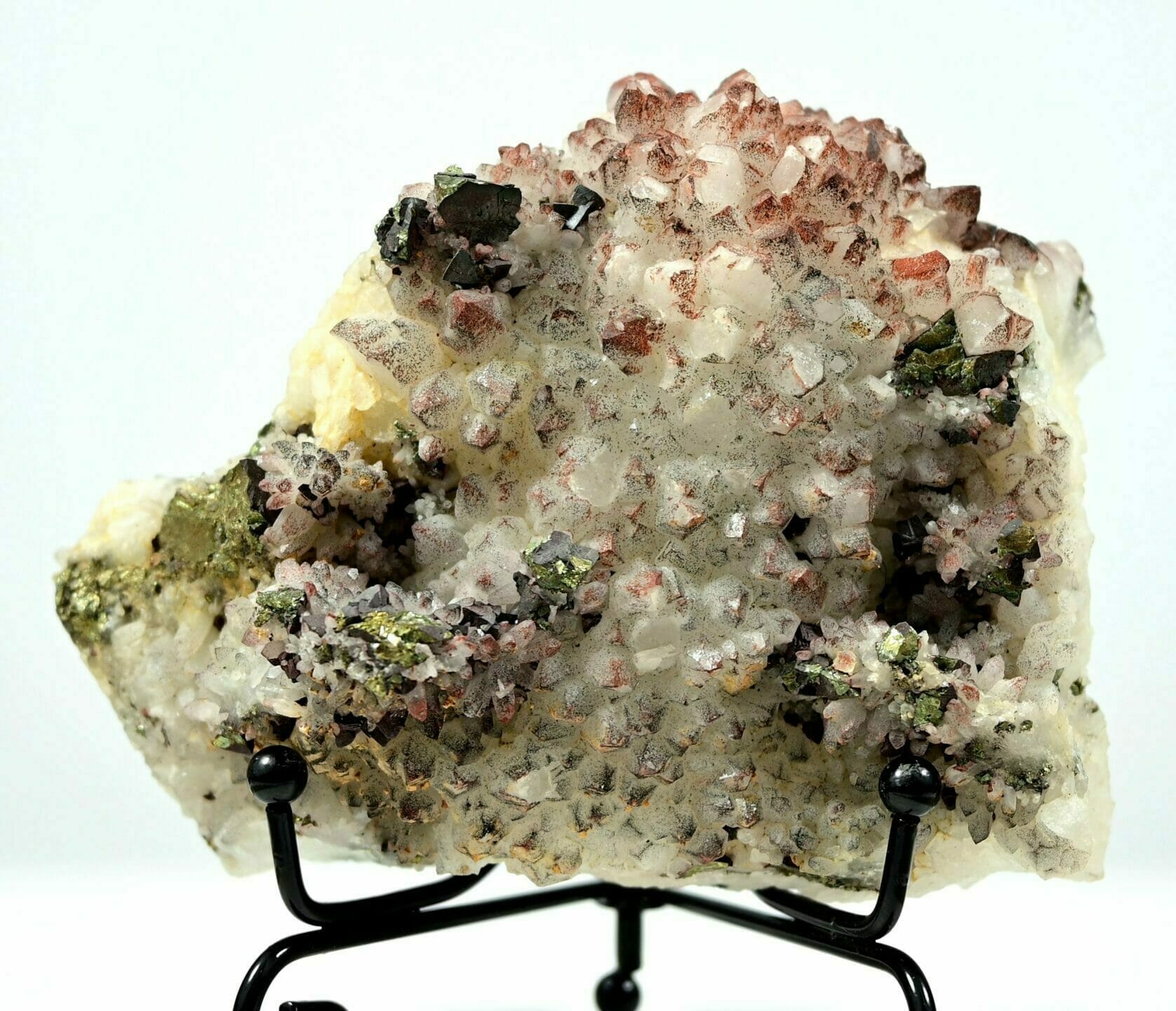 Red shadowed Crystals symbiosis with Pyrite and Sphalerite specimen front
