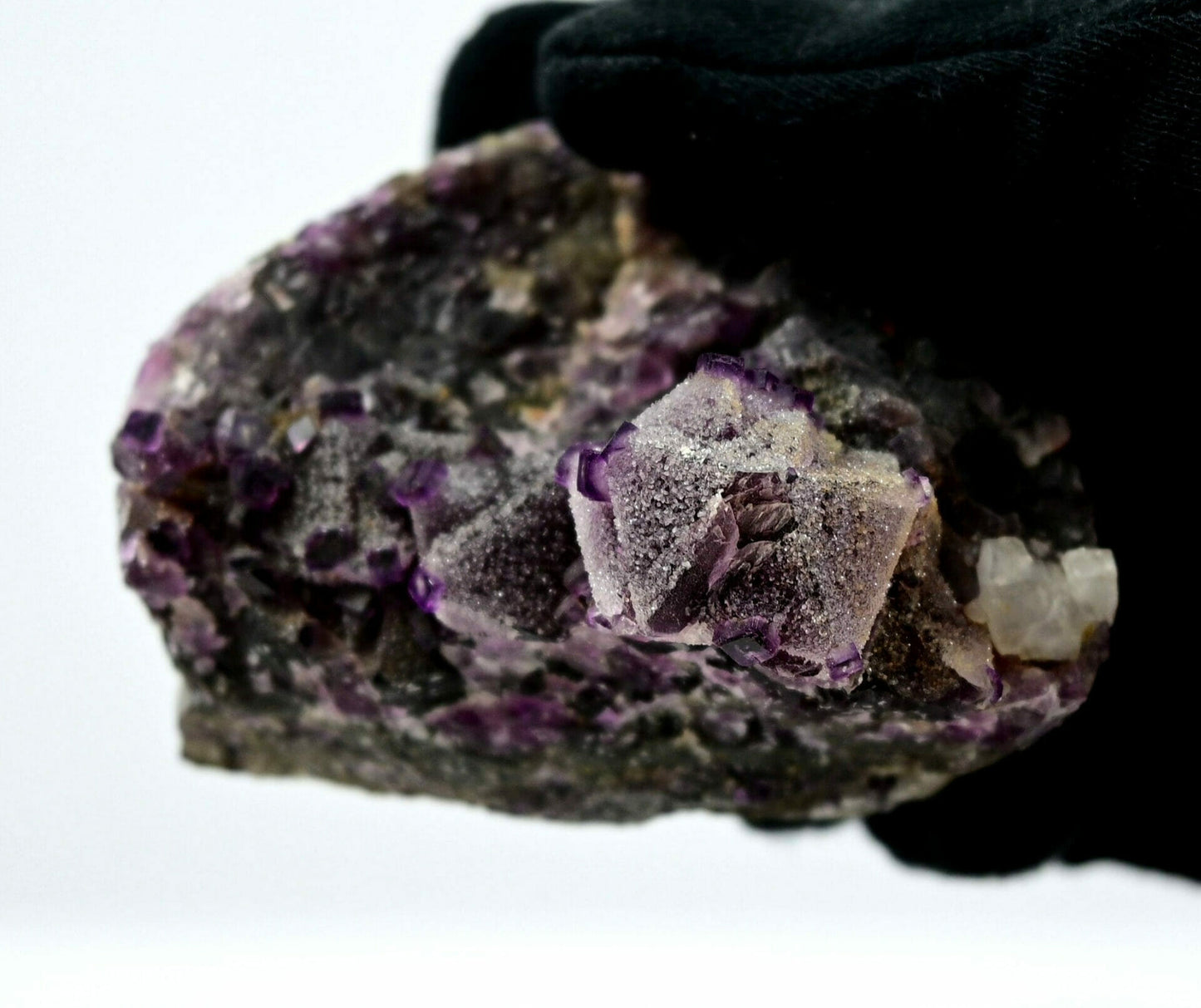 Unusual complete purple fluorite with multiple generation sugar drazy covered and some calcite large