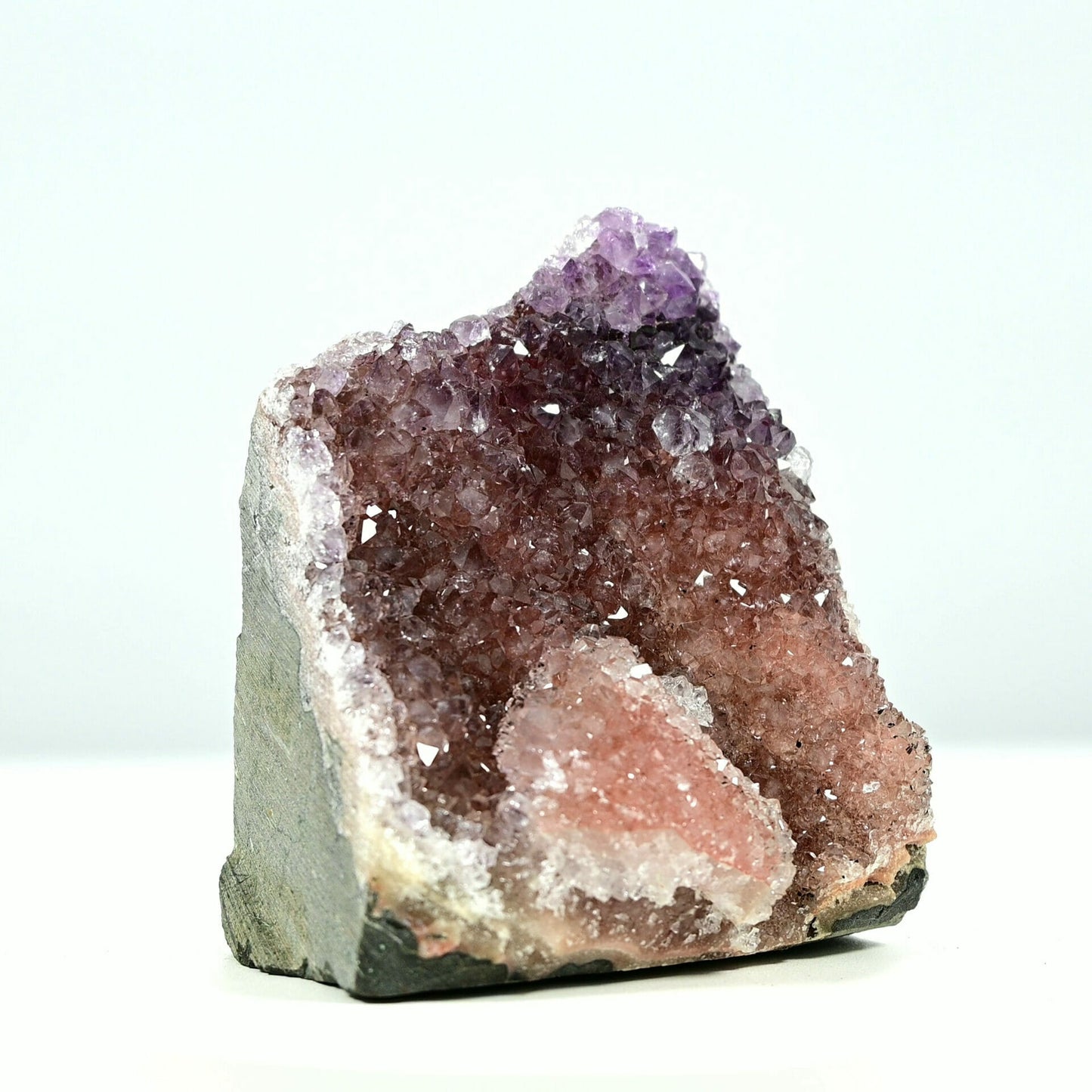 Super Colorful amethyst base cluster with pink crystal flower at bottom side 1