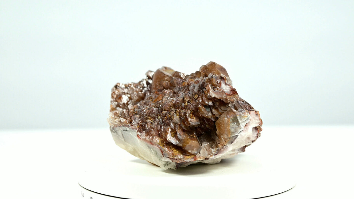 Large multiple generations calcite with many complete Mercedes benz crystals front